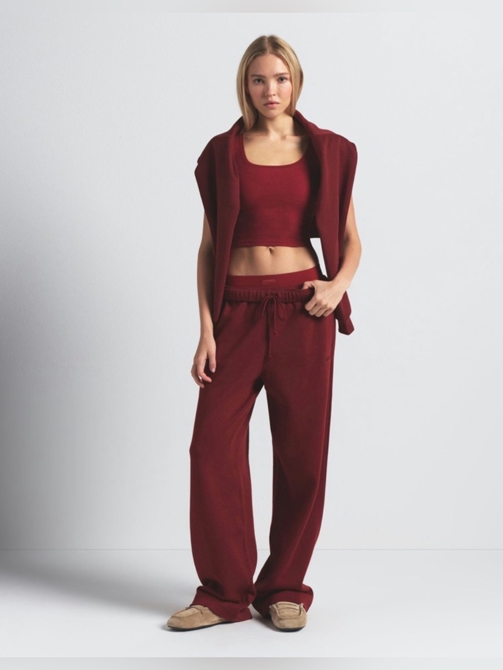 SKIMS COTTON FLEECE CLASSIC STRAIGHT LEG PANT STYLE: ST-PNT-8385W MERLOT SIZE: L